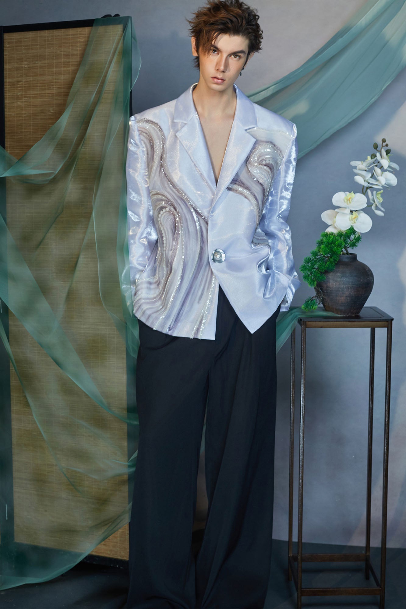 JIECHI Fluid Sequin Embroidery Satin Blazer-Jacket-M (Preorder)-Free Shipping Leatheretro