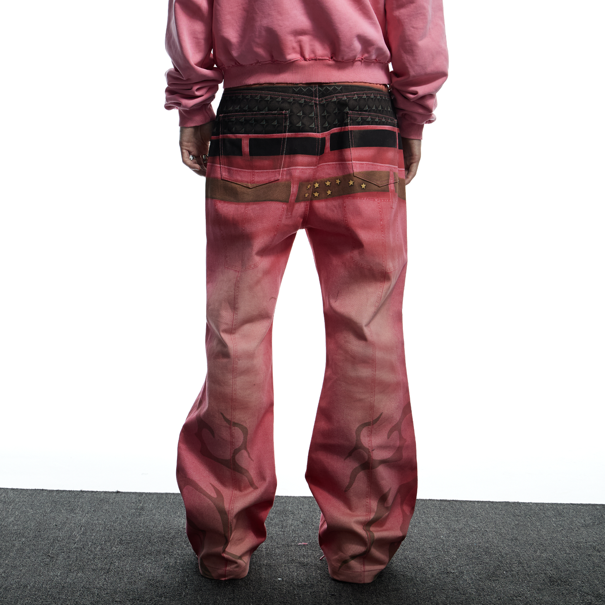 DND4DES Distressed Print Double-Waist Flare Jeans Pink-Jeans-XS-Free Shipping Leatheretro