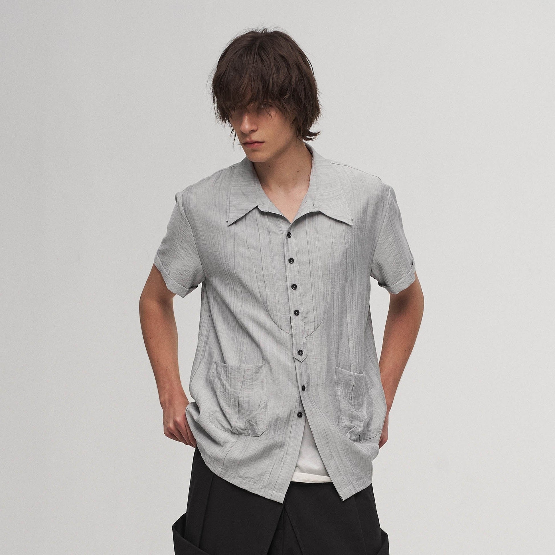 ILNya Nieternite Nifutur Stripe Crinkled Spliced Layered Collar T-Shirt Silver-Shirt-S(0)-Free Shipping Leatheretro