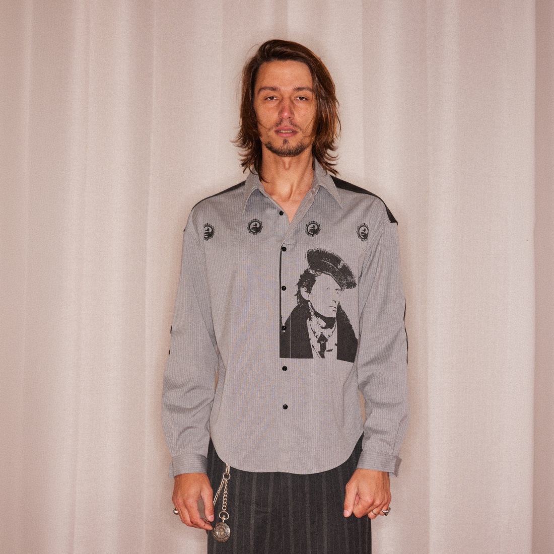 RICHILL Faux Leather Panel Portrait Graphic Stripe Shirt-Shirt-S-Free Shipping Leatheretro