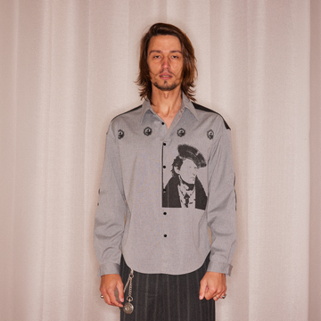 RICHILL Faux Leather Panel Portrait Graphic Stripe Shirt-Shirt-S-Free Shipping Leatheretro