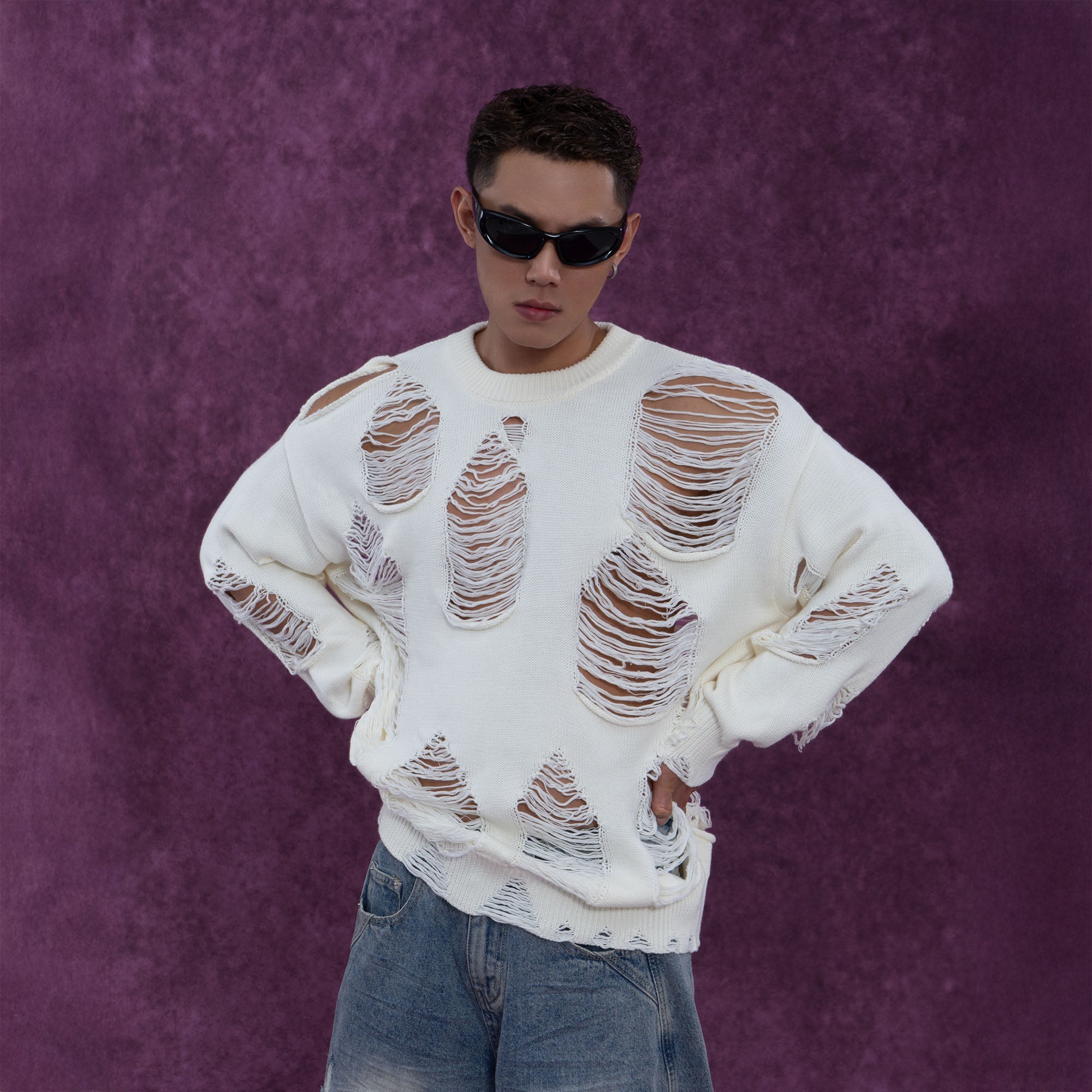 CLP Ripped Oversized Sweater-Sweater-S-White-Free Shipping Leatheretro