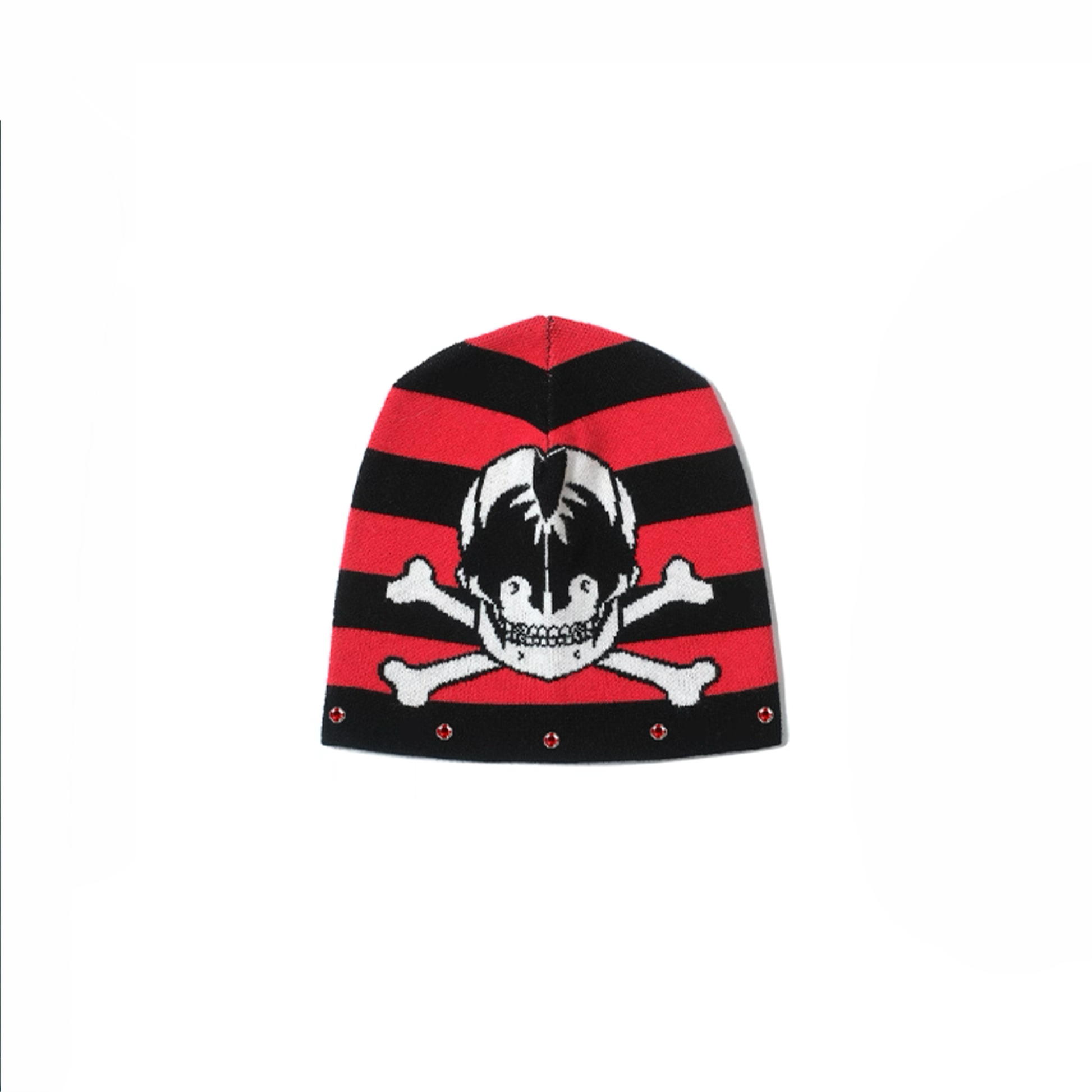 NOTHINGNESS WORLD Striped Skull Jacquard Studded Beanie-Hat, Cap, Beanie-One Size-Red-Free Shipping Leatheretro