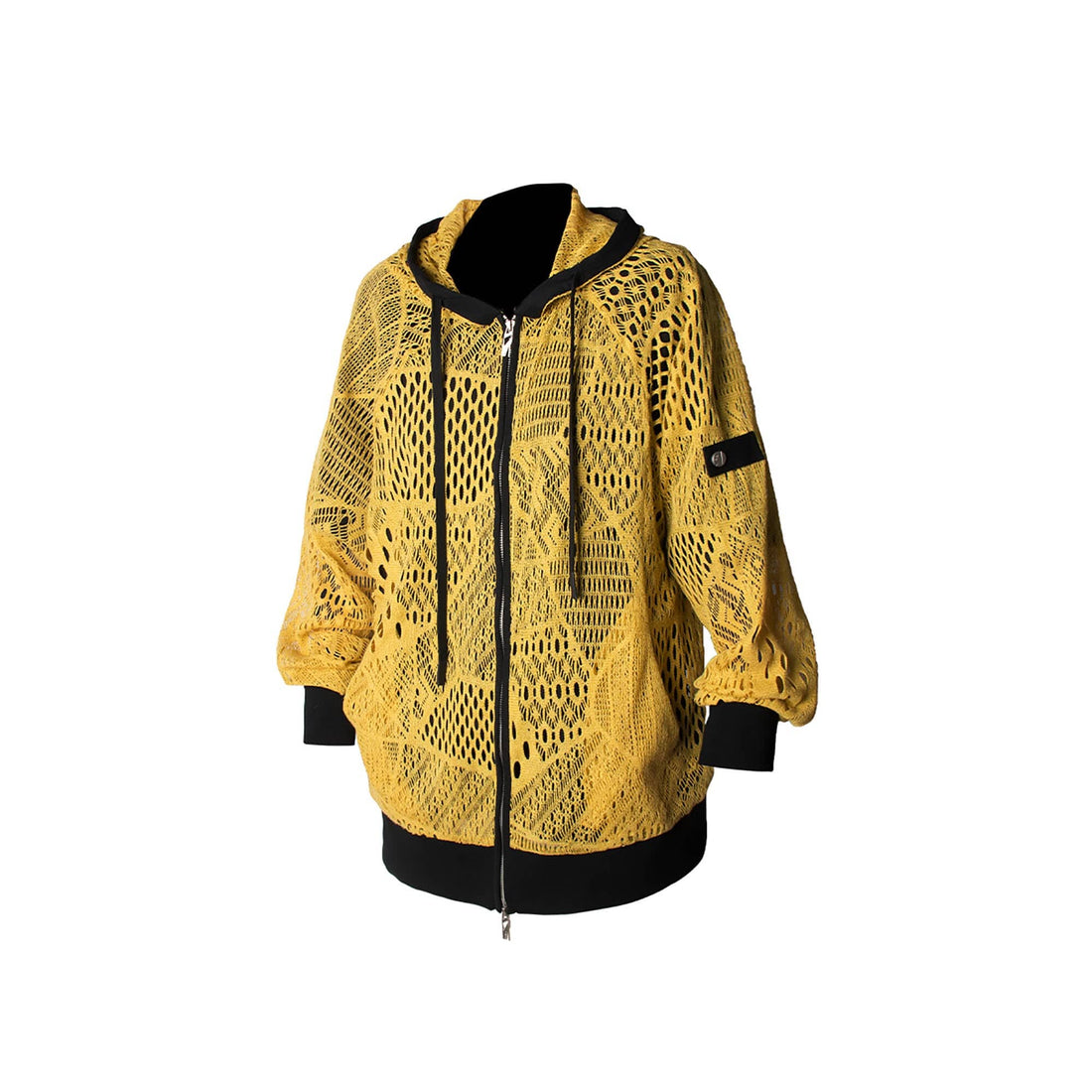 RELABEL Patchwork Crochet Mesh Zip-Up Hoodie-Jacket-XS-Black-Free Shipping Leatheretro