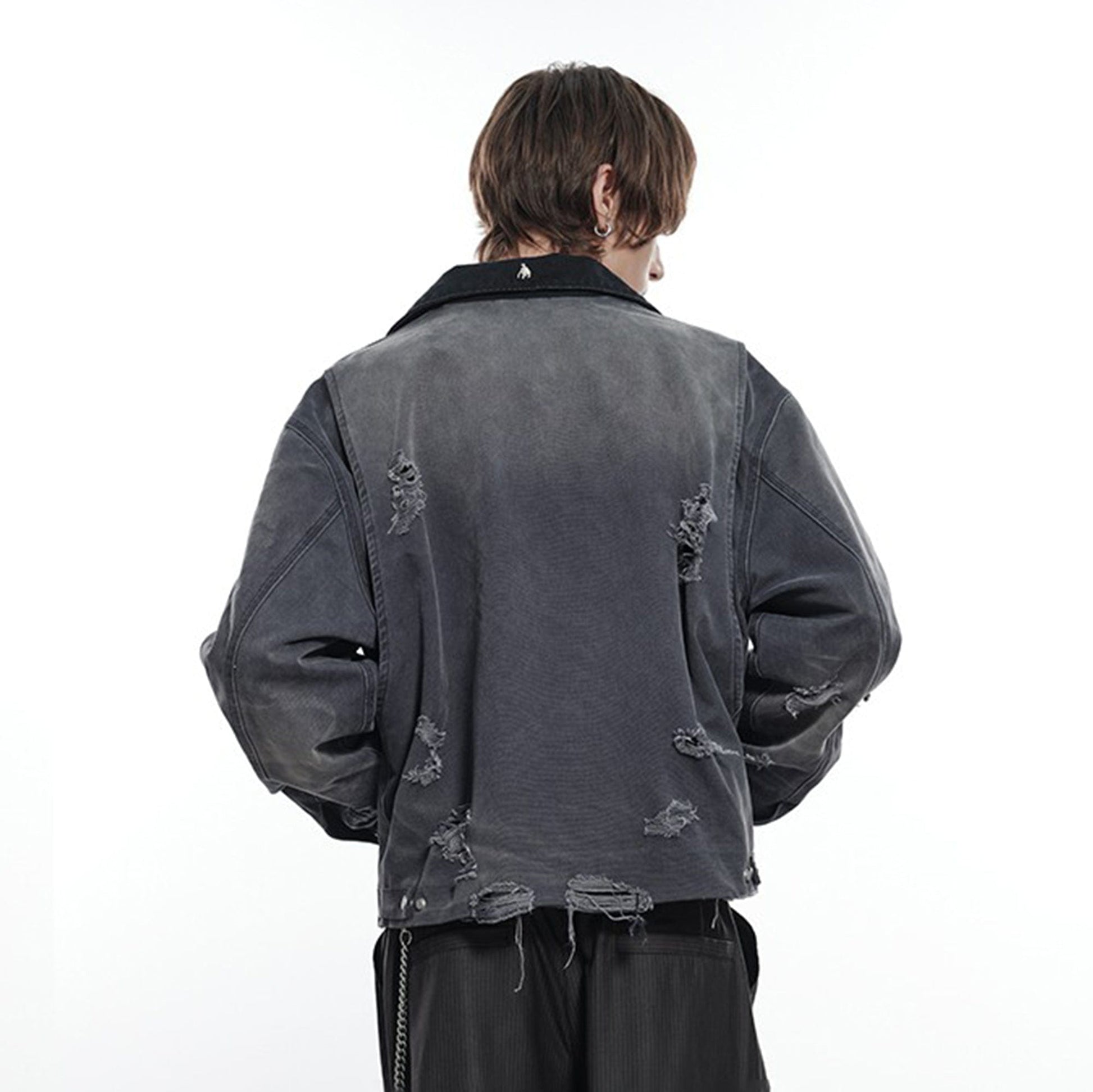 FACEONLAB Raw-Edge Ripped Rivet Metal Emblem Jacket Grey-Jacket-M-Free Shipping Leatheretro