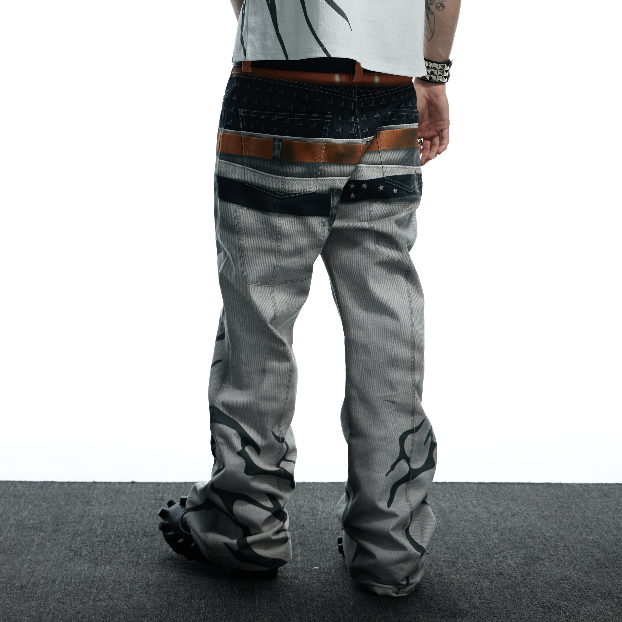DND4DES Distressed Print Double-Waist Flare Jeans White-Jeans-XS-Free Shipping Leatheretro
