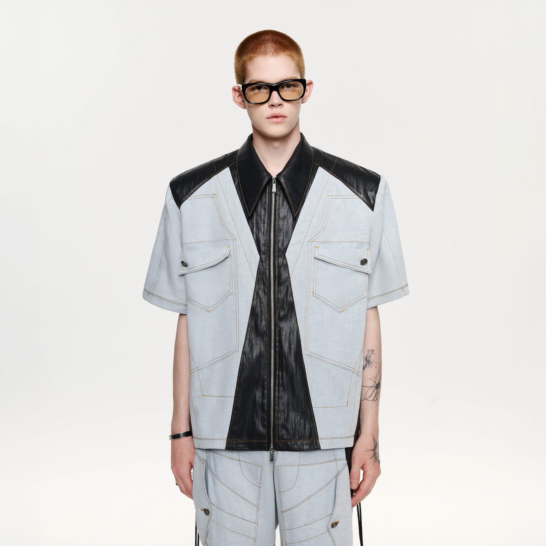 TIWILLTANG Contrast Stitch Paneled Zip-Up Half Shirt-Half shirt-S-Blue-Free Shipping Leatheretro
