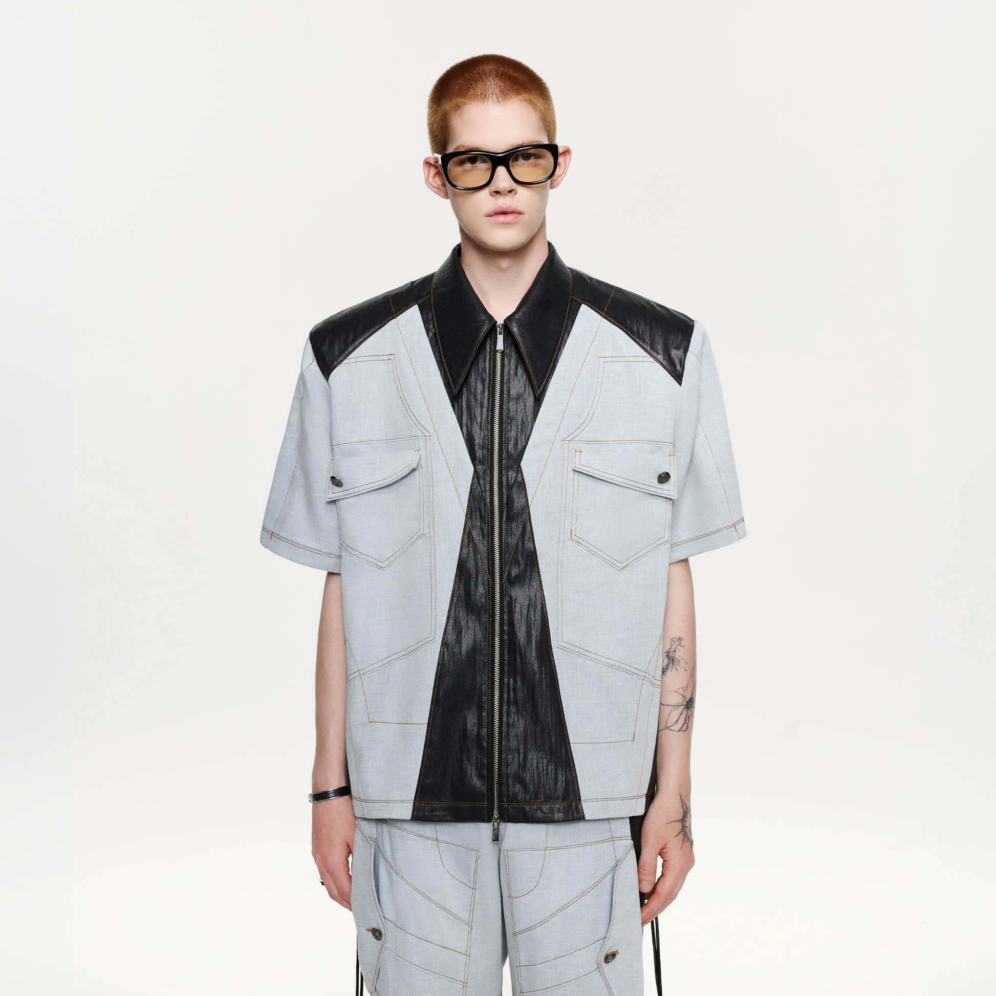 TIWILLTANG Contrast Stitch Paneled Zip-Up Half Shirt-Half shirt-S-Blue-Free Shipping Leatheretro