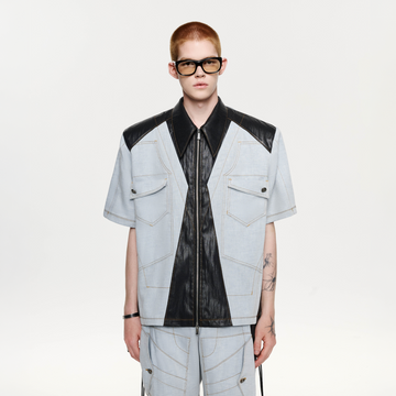 TIWILLTANG Contrast Stitch Paneled Zip-Up Half Shirt-Half shirt-S-Blue-Free Shipping Leatheretro