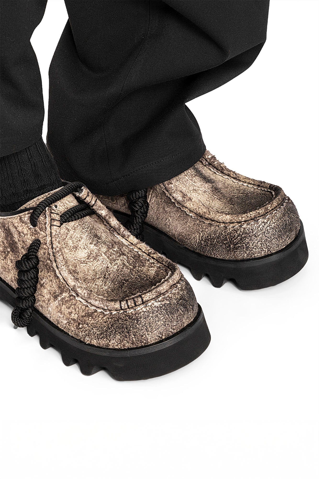 REWRITE Distressed Texture Cowhide Rope-Tied Chunky Big-Toe Derbies-Shoes-38.5-Free Shipping Leatheretro
