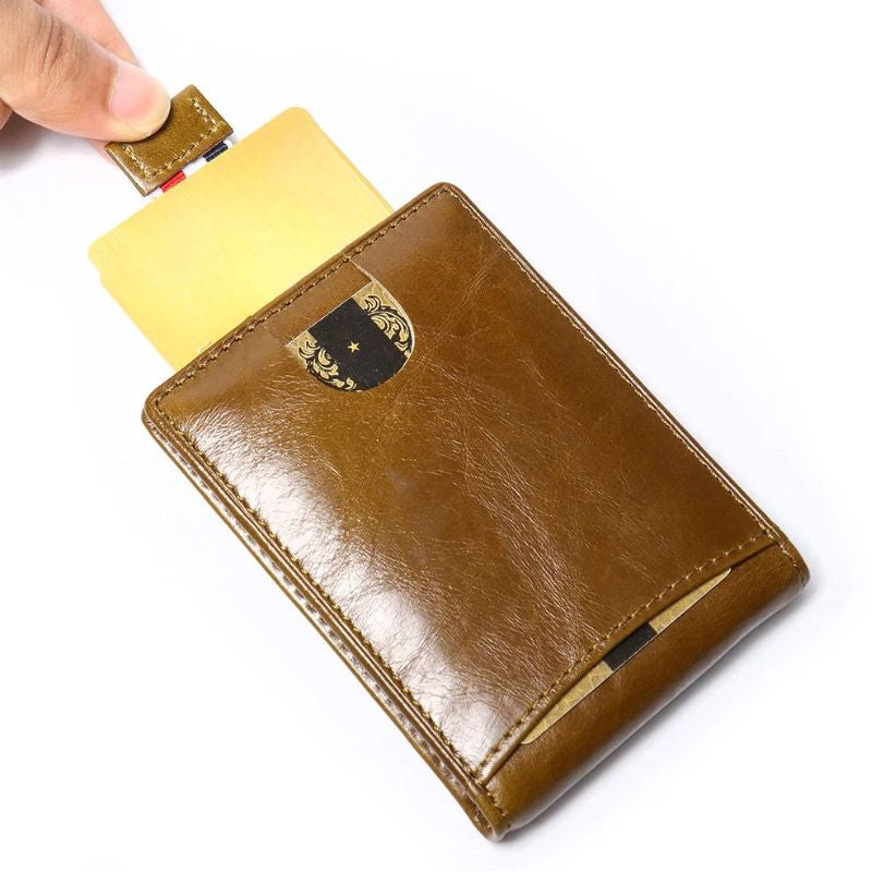 Men’s Slim Leather Card Holder Wallet – Genuine Cowhide with Dollar Clip-Wallets & Money Clips-Olive Green-Free Shipping Leatheretro