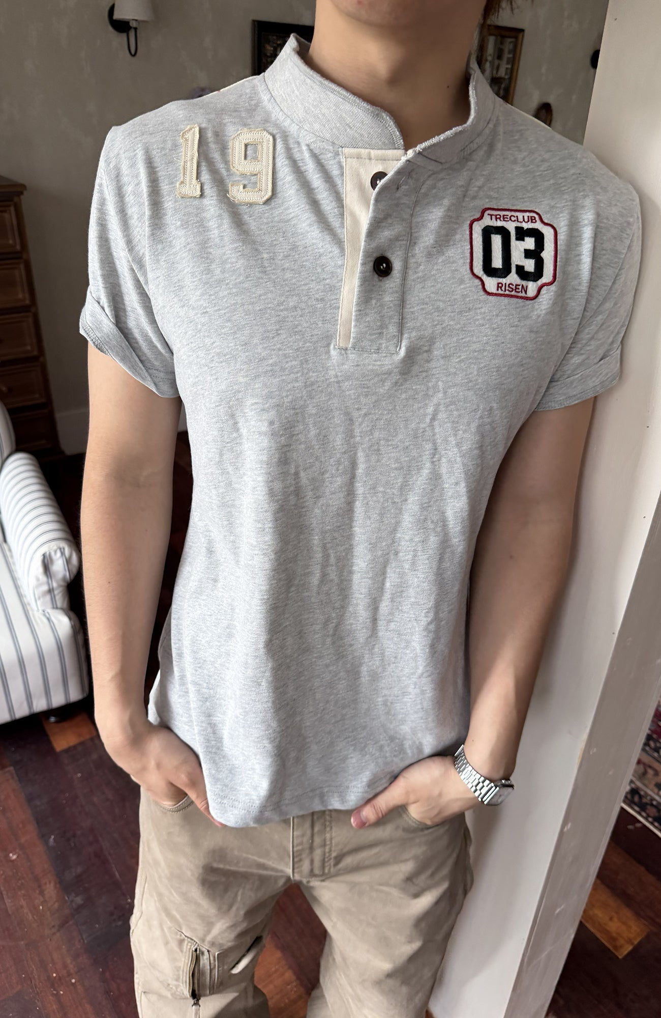 TRECLUB Retro Star Stripe Stand-Collar Polo T-Shirt-T Shirt-S (preorder)-Free Shipping Leatheretro