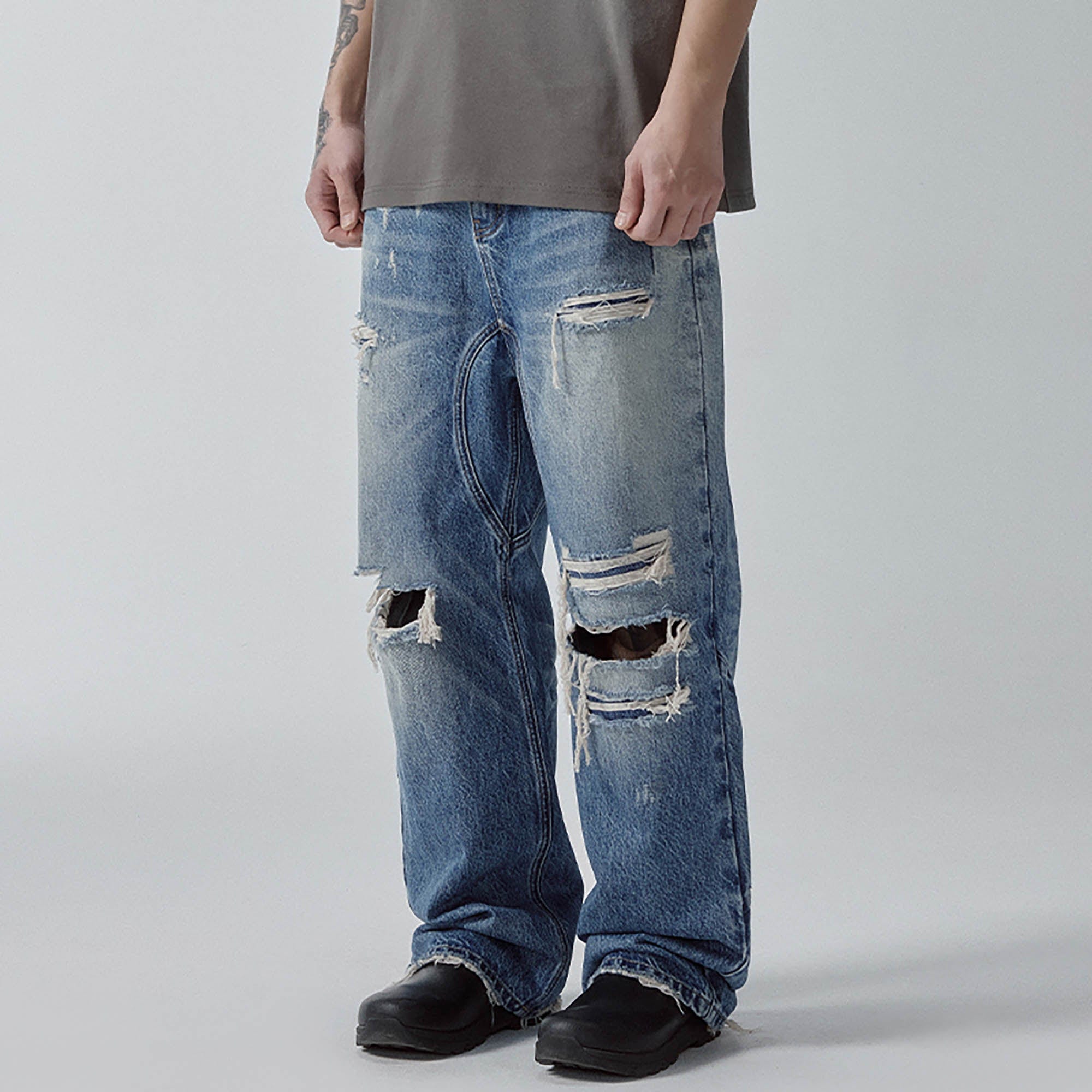 F2CE Ripped Curved Spliced Jeans-Jeans-S-Free Shipping Leatheretro