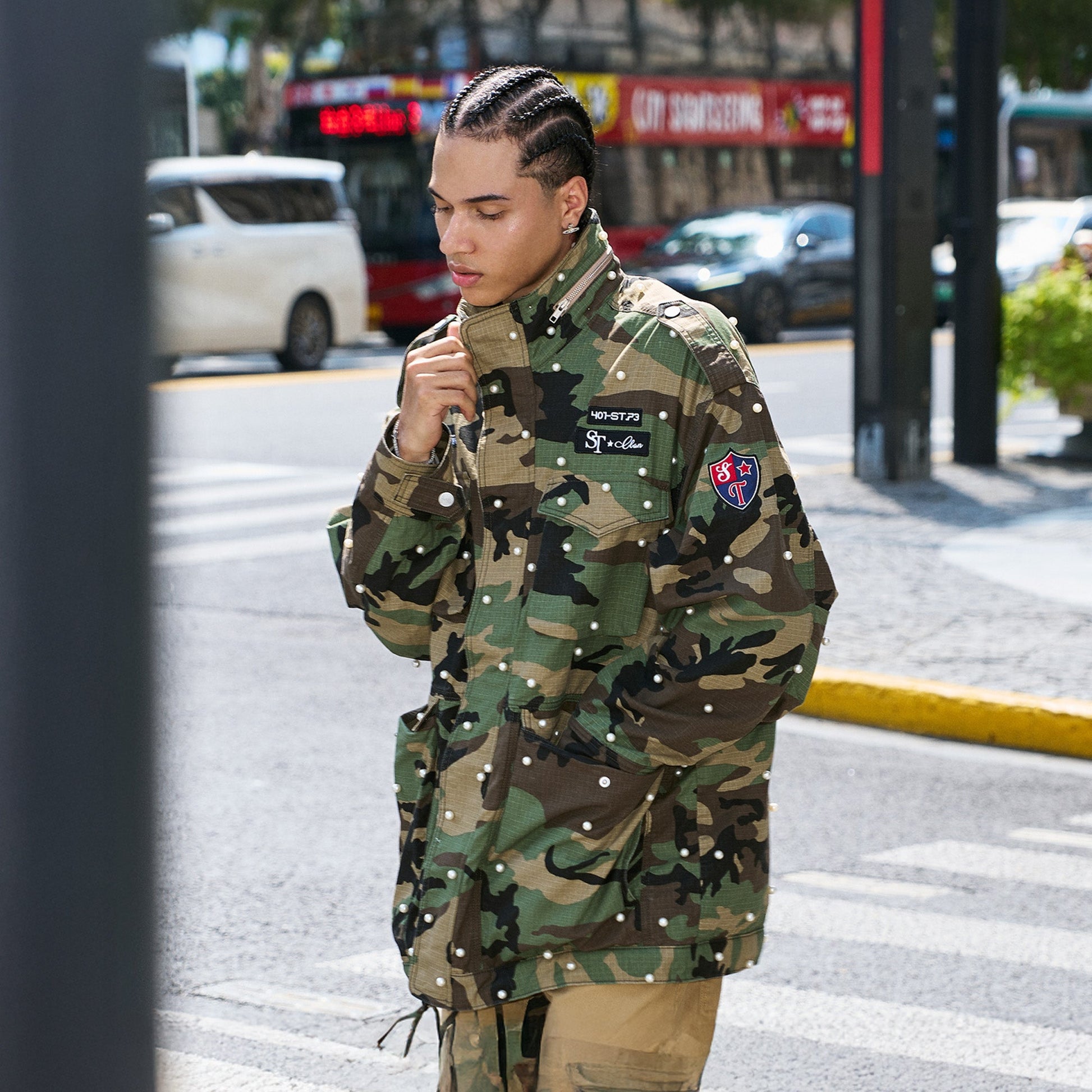 STEEPC Camo Pearl-Studded Patch Utility Jacket-Jacket-S (1)-Free Shipping Leatheretro