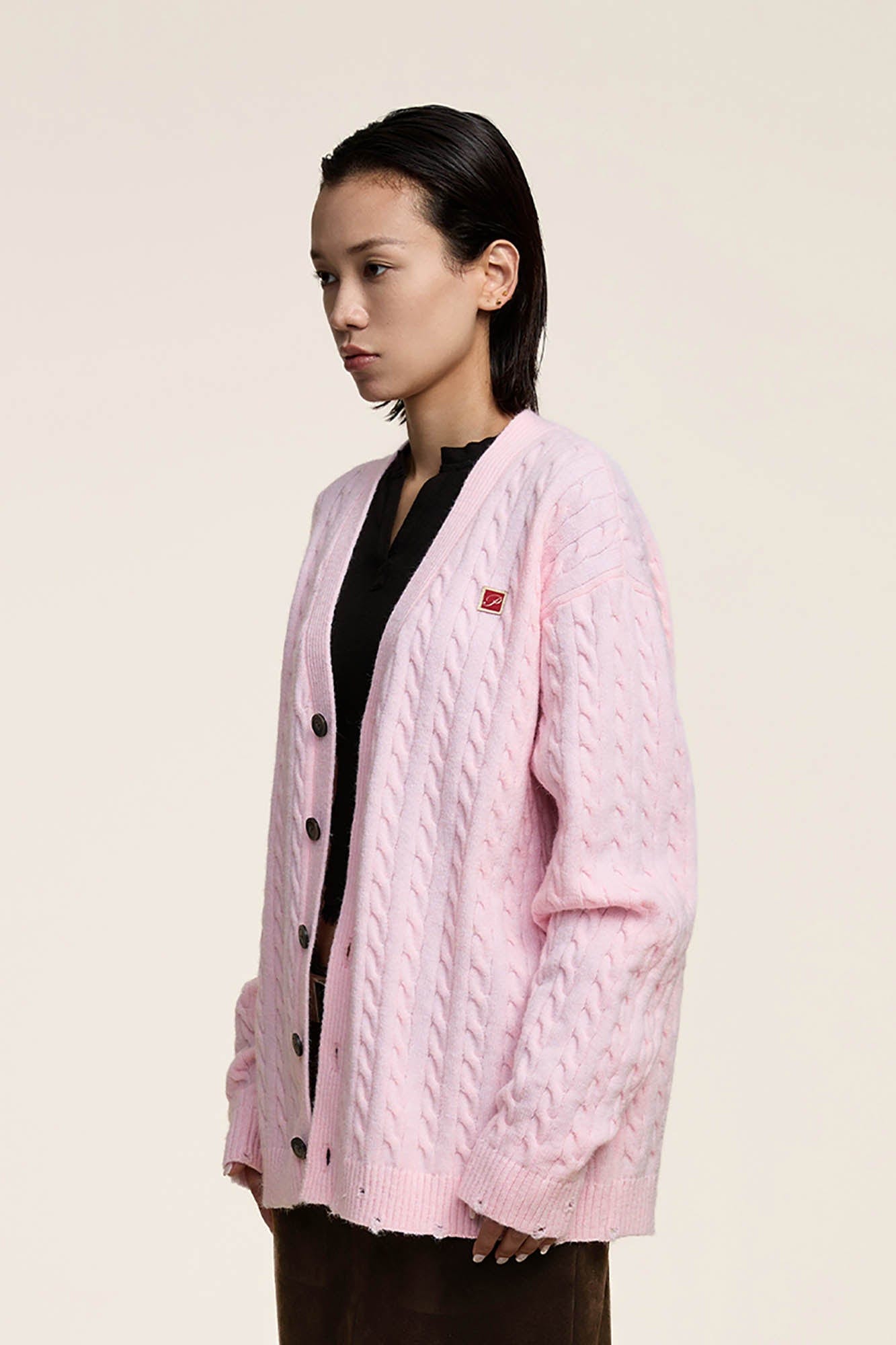 OPICLOTH Cable-Knit V-Neck Button-Up Cardigan-Jacket-XS-Pink-Free Shipping Leatheretro