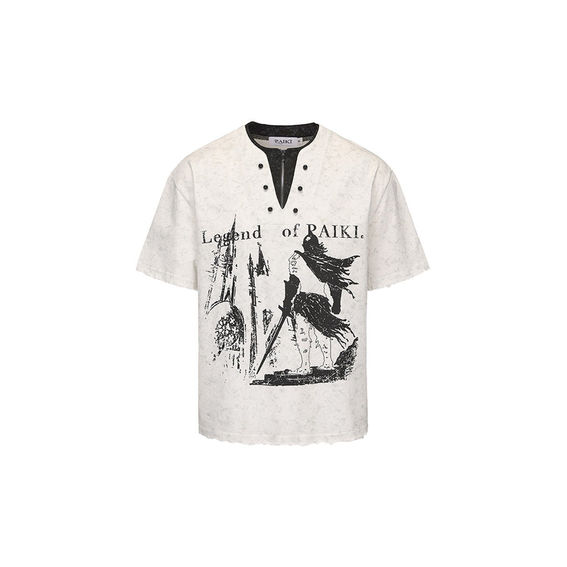 PAIKI Castle Graphic Henley Layered Tee-T Shirt-S-White-Free Shipping Leatheretro