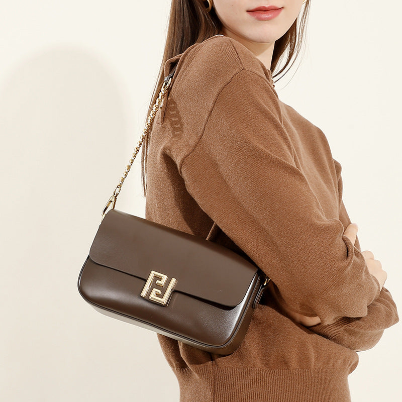 Genuine Leather Chain Flap Shoulder Bag - Cowhide Leather Lock Clasp Purse-Shoulder Bag-Black-Free Shipping Leatheretro