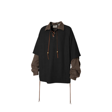 RELABEL Contrast Faux Layered Lace-Up Sweatshirt-Sweatshirt-XS-Free Shipping Leatheretro