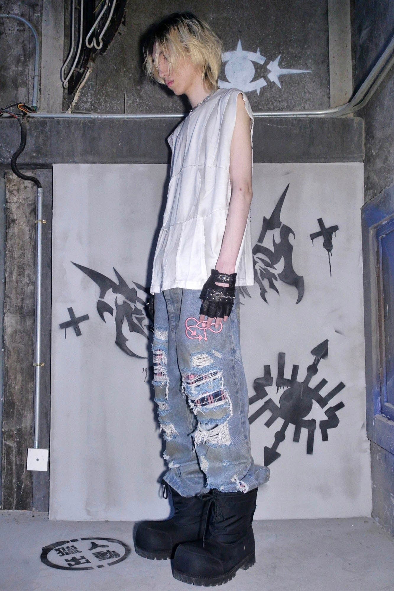 PHANTOMHUNTER Distressed Plaid-Patched Ripped Jeans-Pants-S-Free Shipping Leatheretro