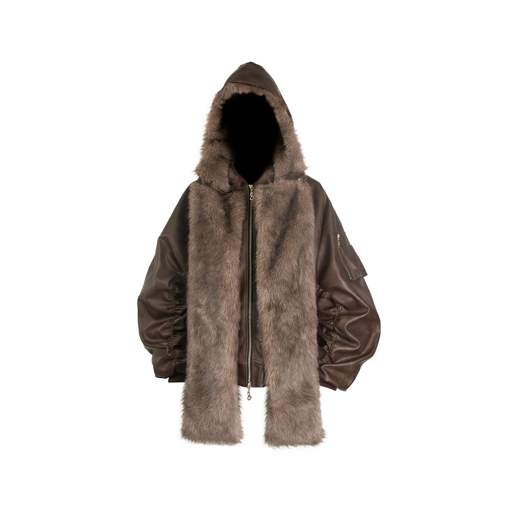 RELABEL Detachable Plush Scarf Ruched Hooded Jacket Brown-Jacket-XS (Preorder)-Free Shipping Leatheretro