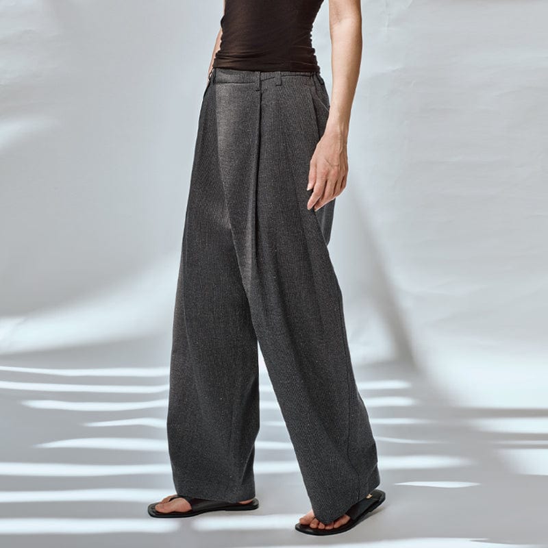 OPICLOTH Asymmetric Pleated Linen-Blend Micro Check Pants-Pants-XS-Free Shipping Leatheretro