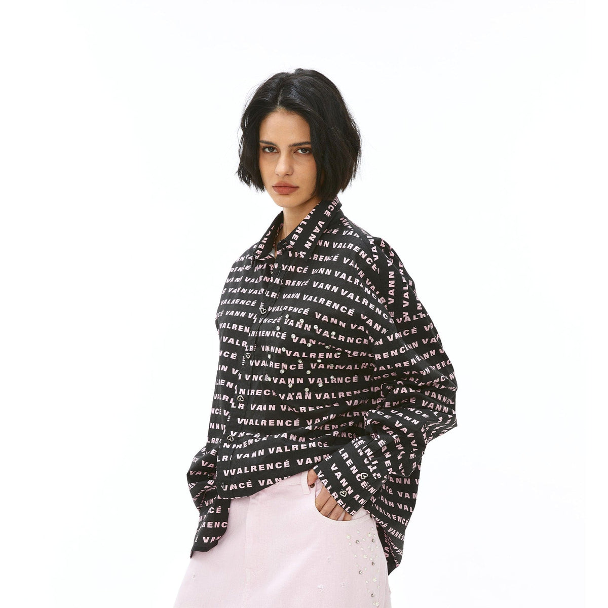 VANN VALRENCE Monogram Crystal-Studded Oversized Shirt-Shirt-S-Free Shipping Leatheretro
