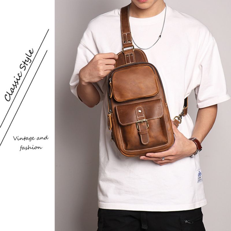 European and American Men's Crazy Horse Leather Crossbody Chest Bag-Chest Bags-Black-Free Shipping Leatheretro
