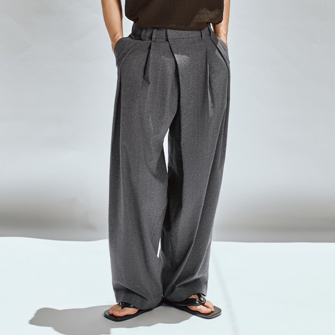 OPICLOTH Asymmetric Pleated Linen-Blend Micro Check Pants-Pants-XS-Free Shipping Leatheretro