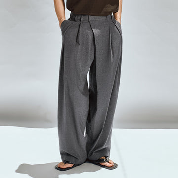 OPICLOTH Asymmetric Pleated Linen-Blend Micro Check Pants-Pants-XS-Free Shipping Leatheretro
