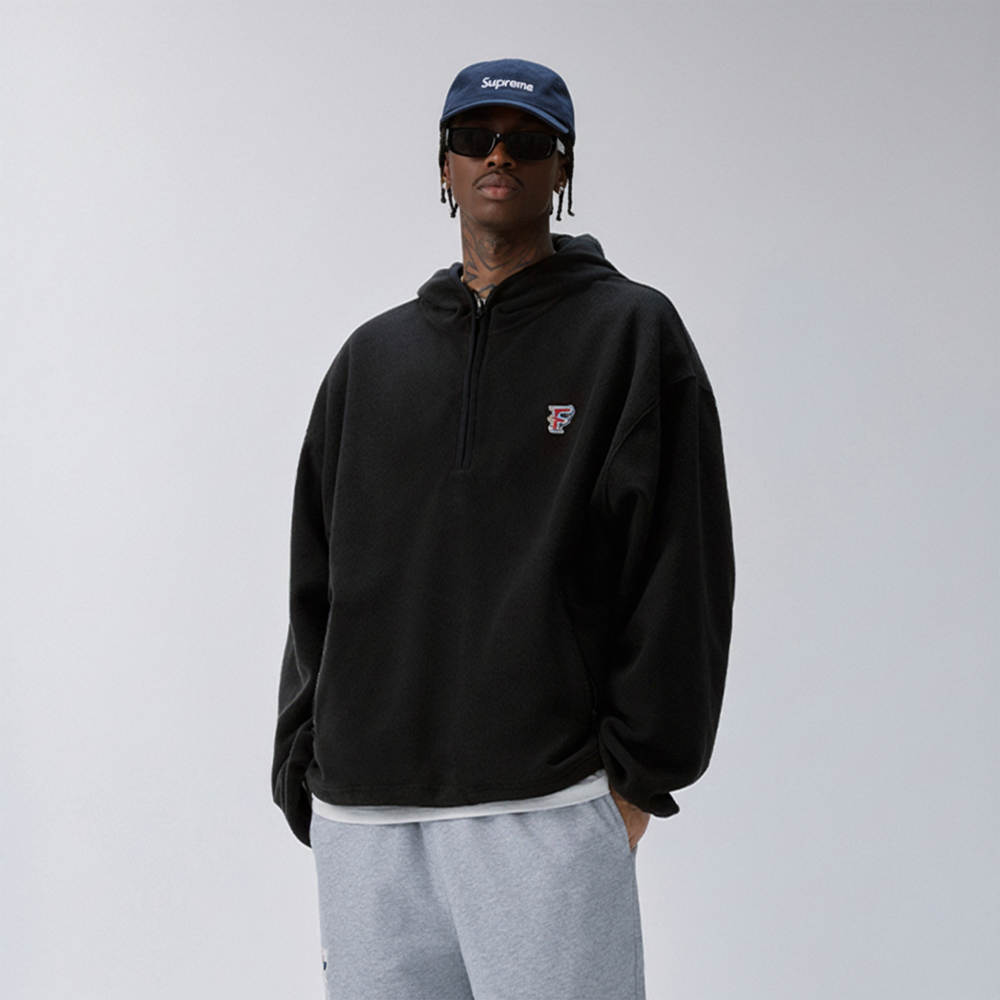 F2CE Embroidered LOGO Patch Half-Zip Fleece Hoodie-Hoodie-S-Black-Free Shipping Leatheretro