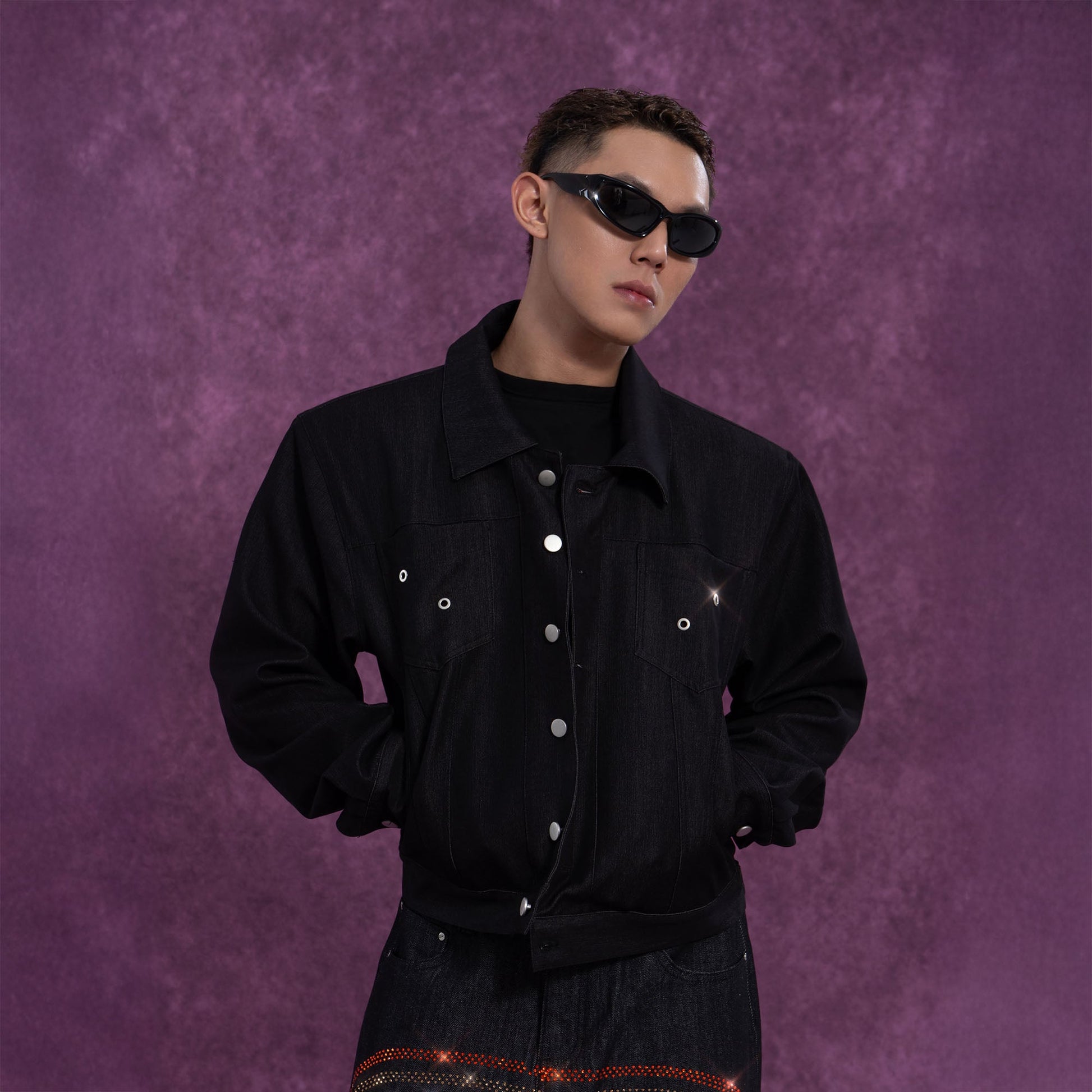 CLP Cropped Shoulder Padding Denim Jacket-Jacket-S-Navy-Free Shipping Leatheretro