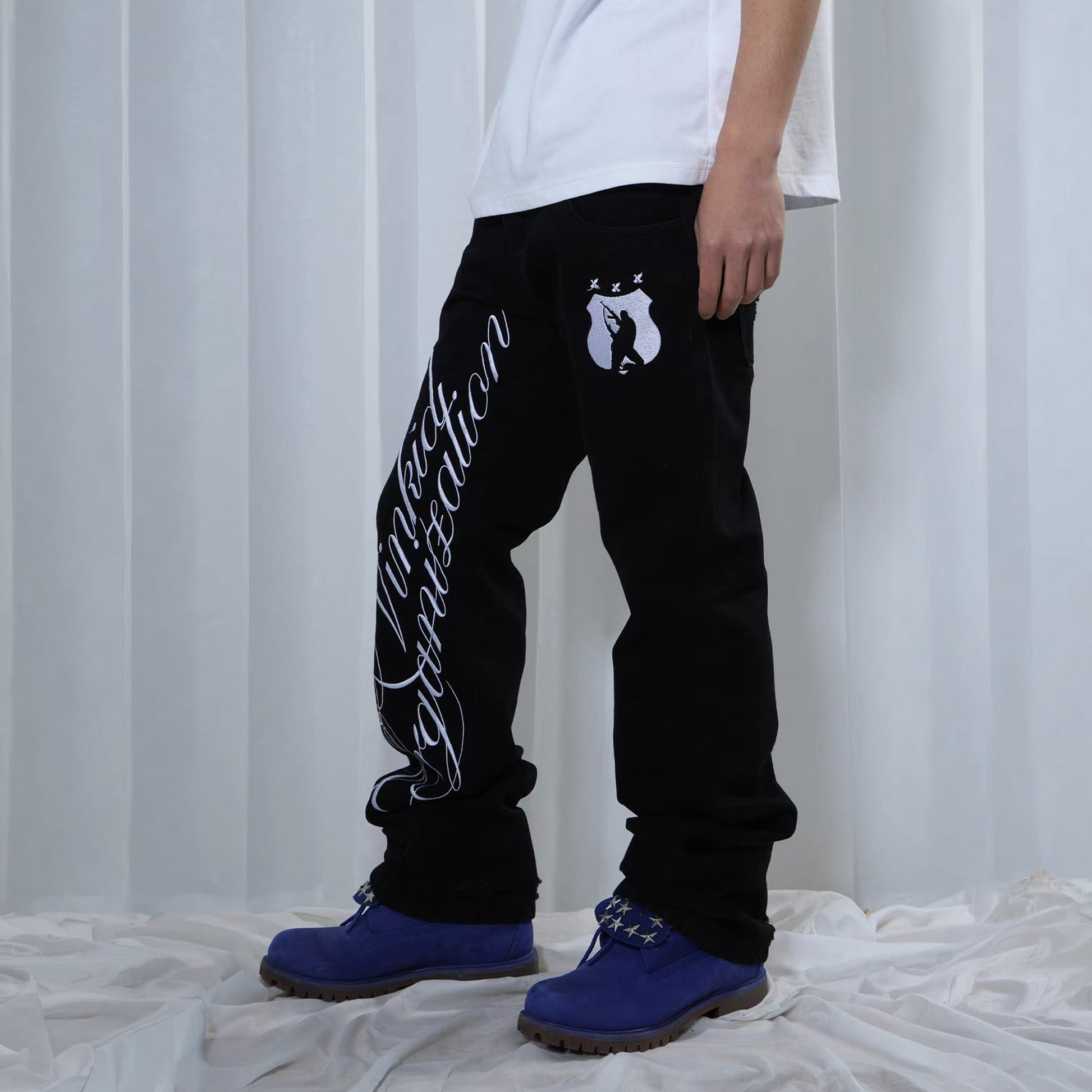 VINKID Double-Waist Script Graphic Jeans-Jeans-S (Preorder)-Free Shipping Leatheretro