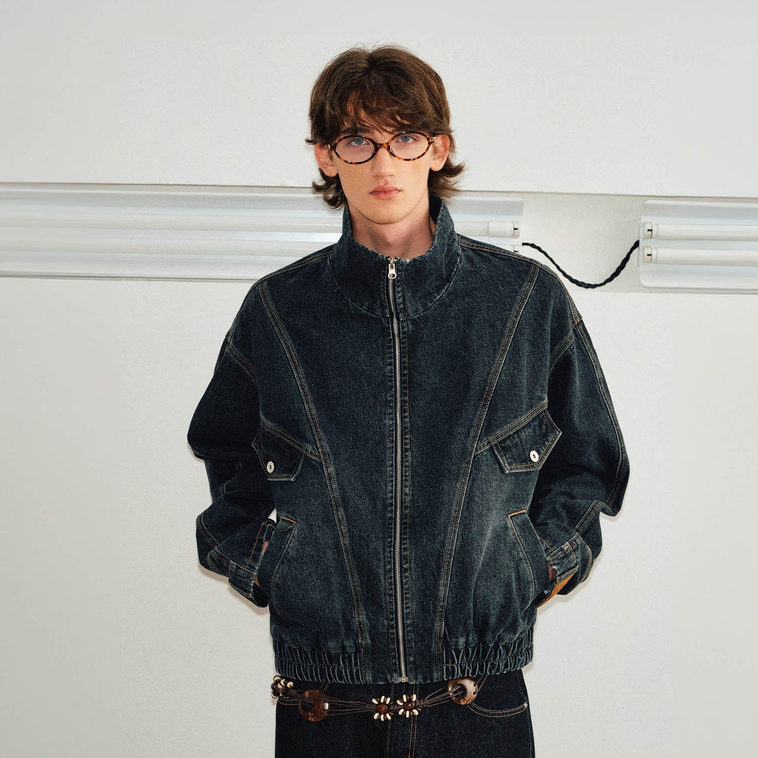 KREATE Jeans Cuff Spliced Stand Collar Jacket-Jacket-S-Black-Free Shipping Leatheretro