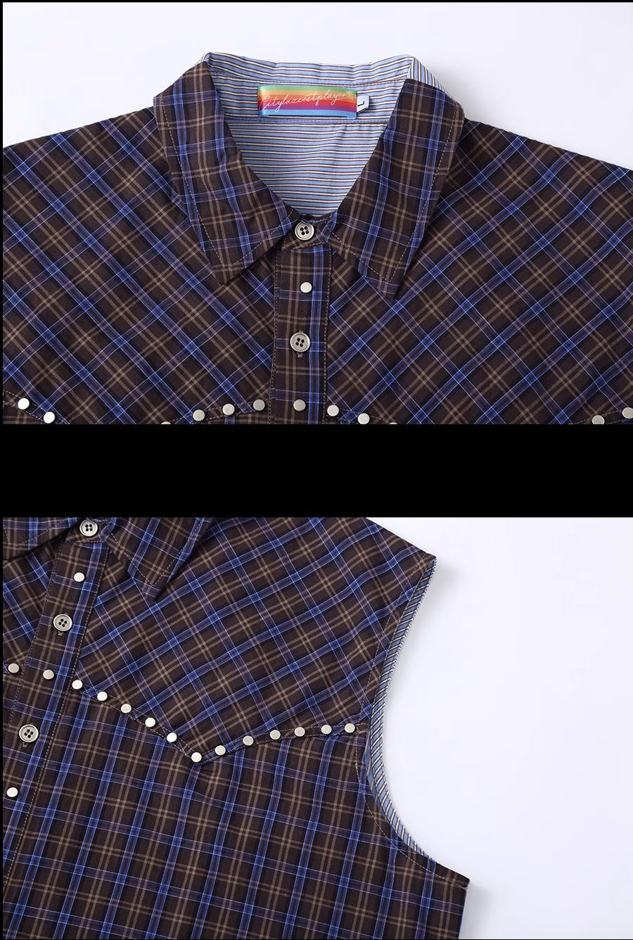 CLP Men's Blue Checkered & Striped Sleeveless Shirt Vest with Rivet Details-Blue-S-Free Shipping Leatheretro