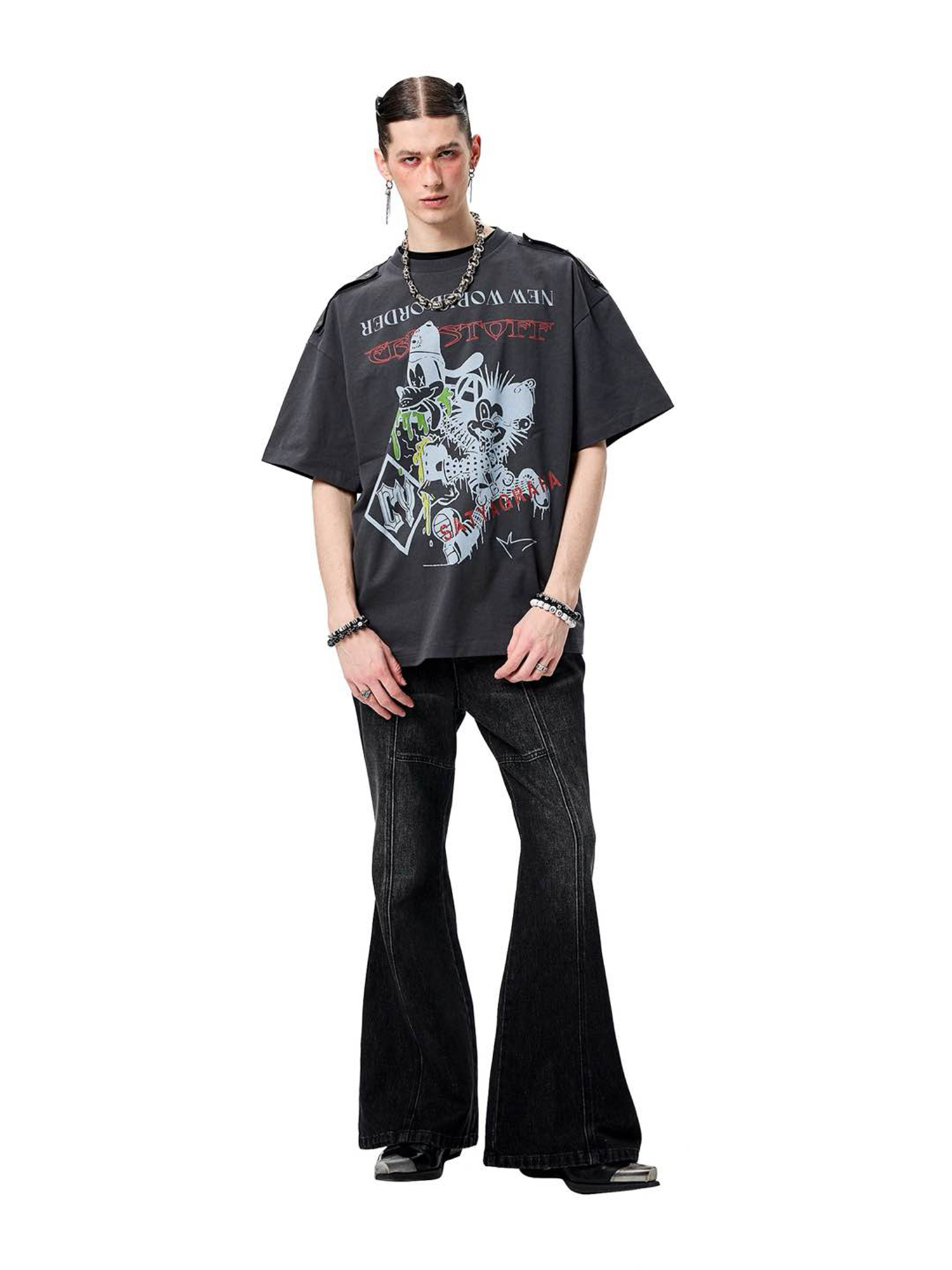 ERISSTOFF Washed Lace-Up Flared Jeans-Jeans-XS / 28"-Free Shipping Leatheretro