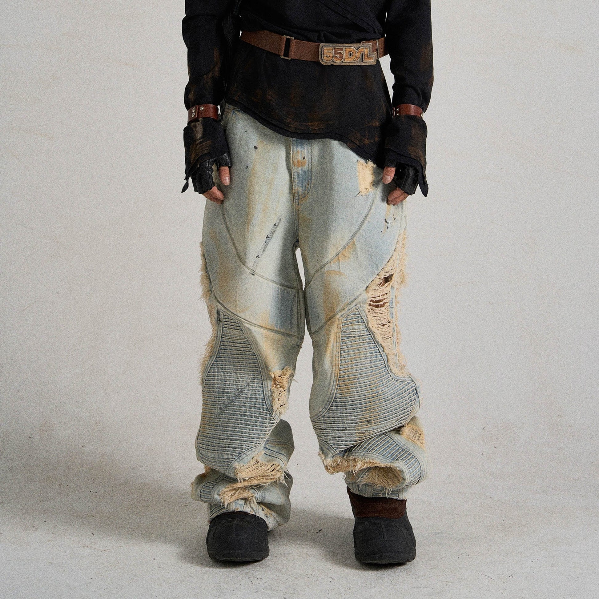 FLYERRER Paneled Heavily Ripped Fringe Jeans-Jeans-S-Free Shipping Leatheretro