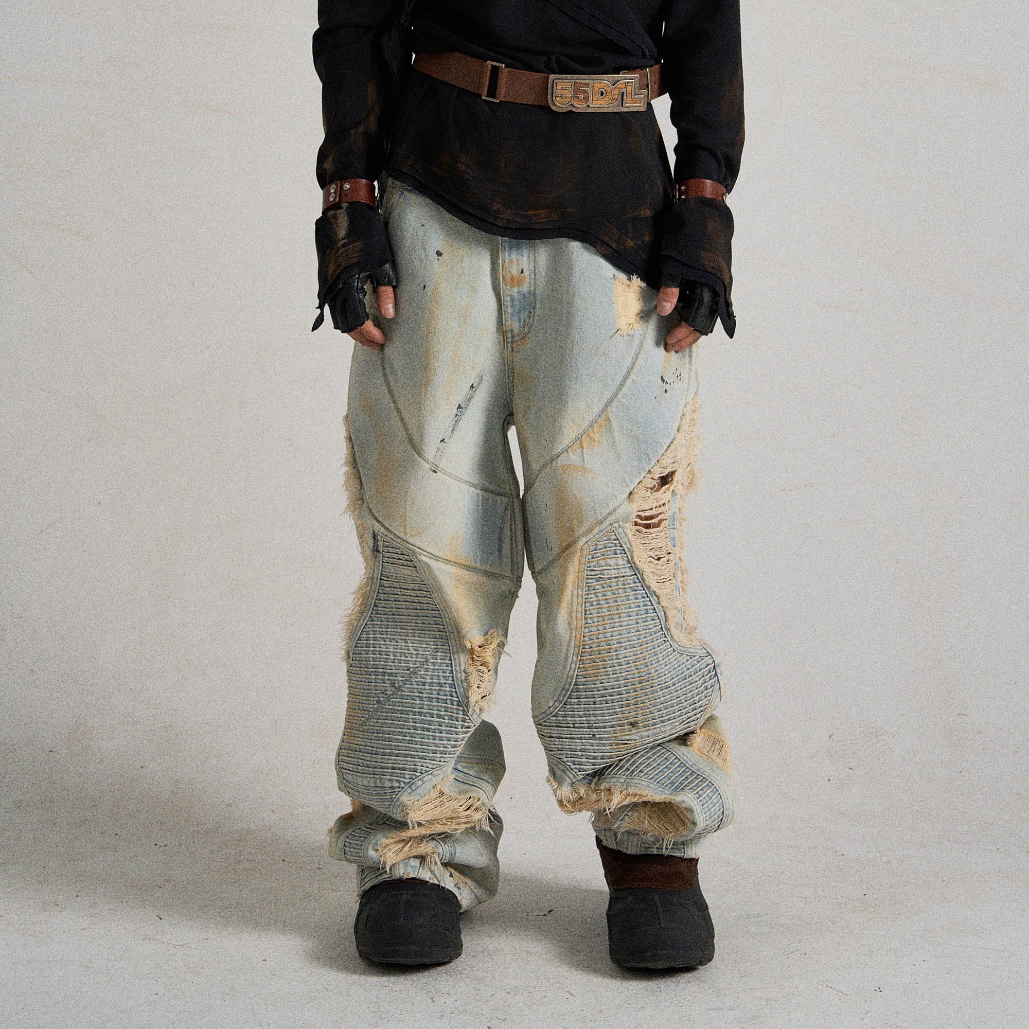 FLYERRER Paneled Heavily Ripped Fringe Jeans-Jeans-S-Free Shipping Leatheretro