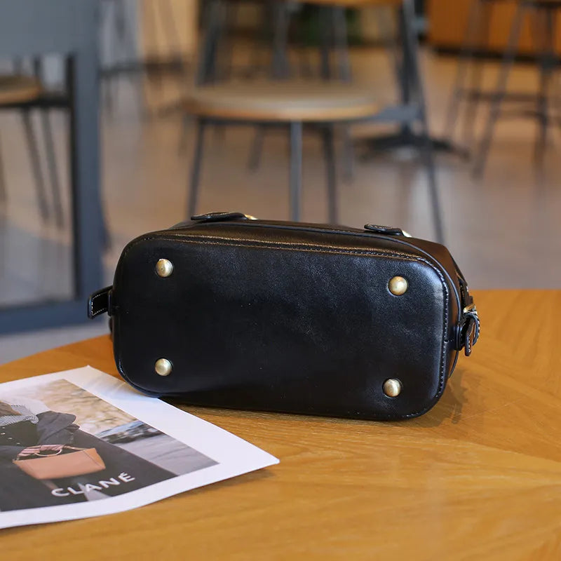 Genuine Leather Shoulder Messenger Bag - First Layer Cowhide Sandwich Zipper Bags-Messenger Bag-Black-Free Shipping Leatheretro
