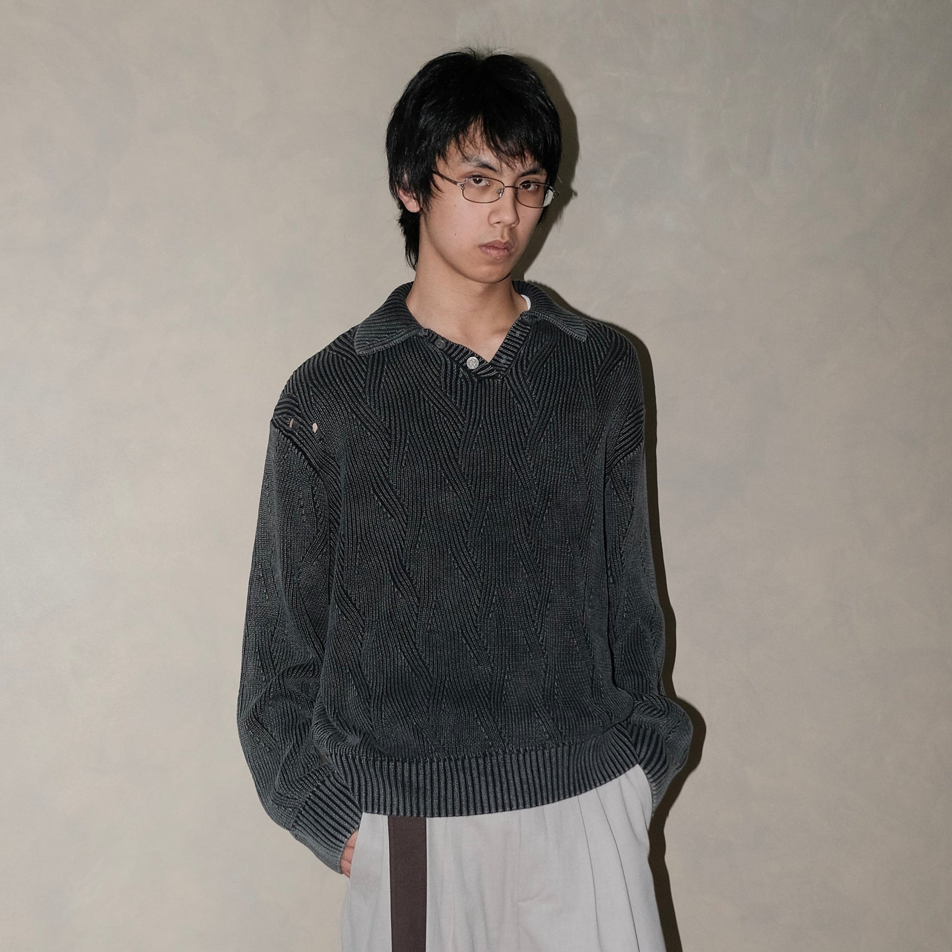 IN EXISTENCE Distressed Chevron Collared Sweater-Sweater-S-Dark Gray-Free Shipping Leatheretro