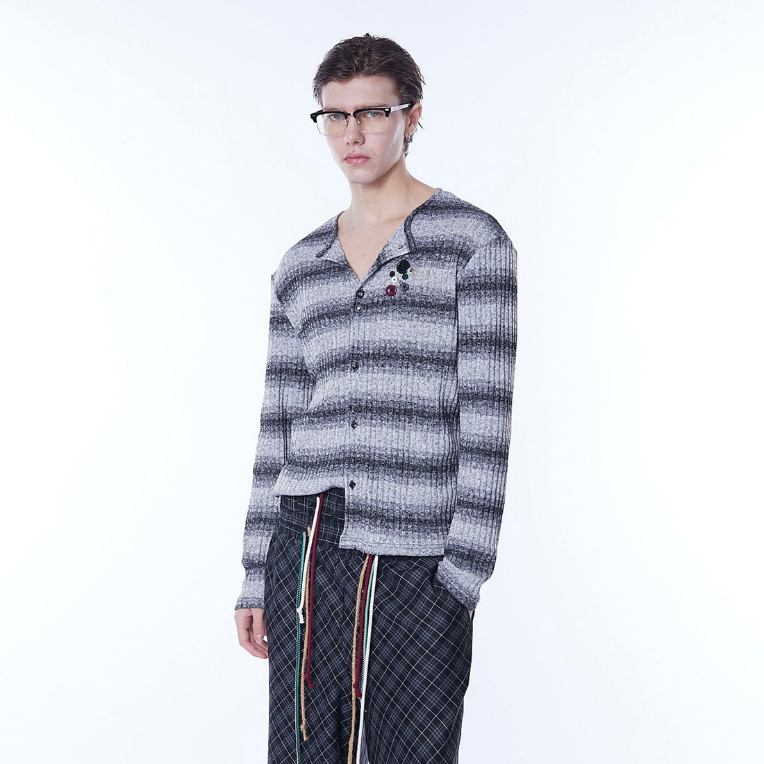 ASSEEN Horizontal Gradient Stripe Button Cardigan Gray-Sweater-S-Free Shipping Leatheretro