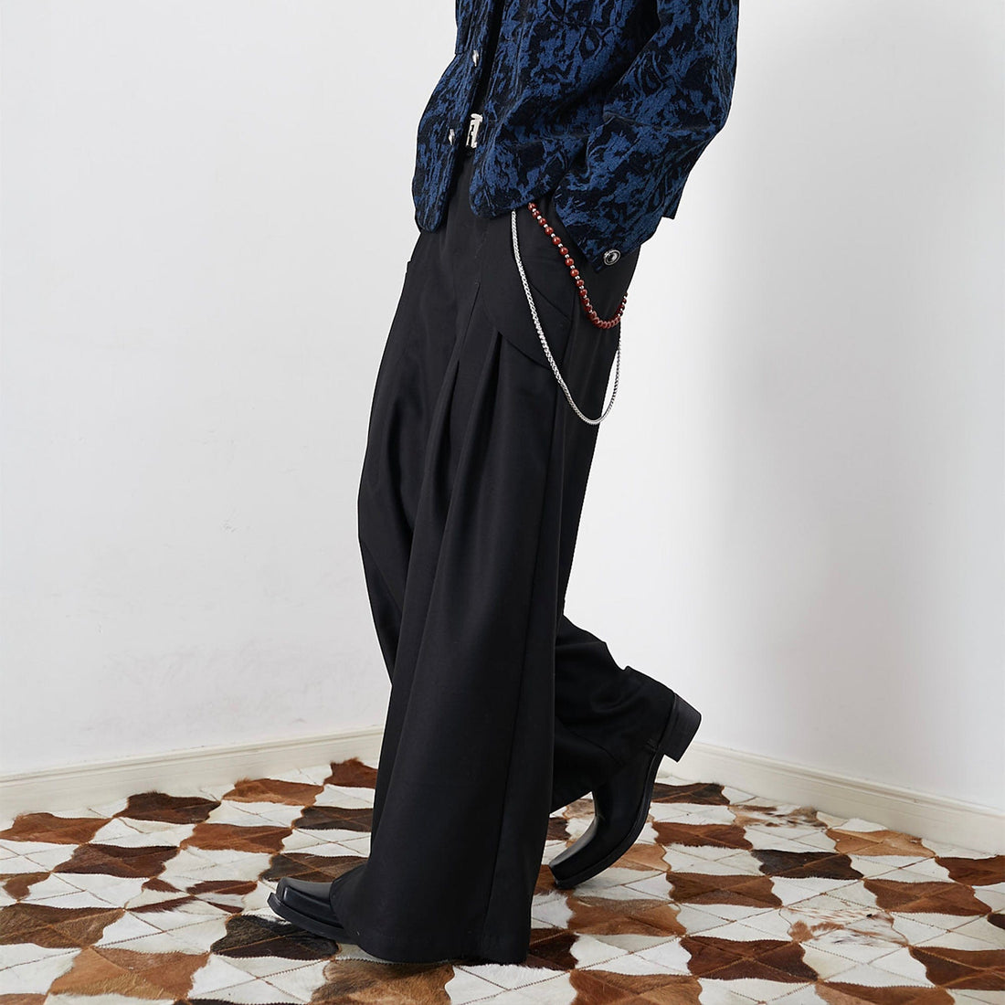 ASSEEN Asymmetrical Tab Pleated Wide-Leg Pants Black-Pants-S-Free Shipping Leatheretro