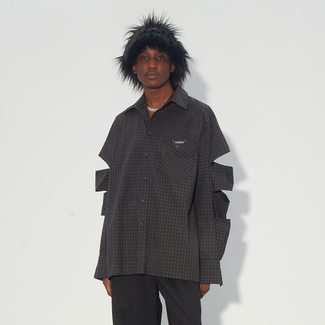 ASSEEN Deconstructed Cutout-Sleeve Mini Check Shirt-Shirt-S-Free Shipping Leatheretro