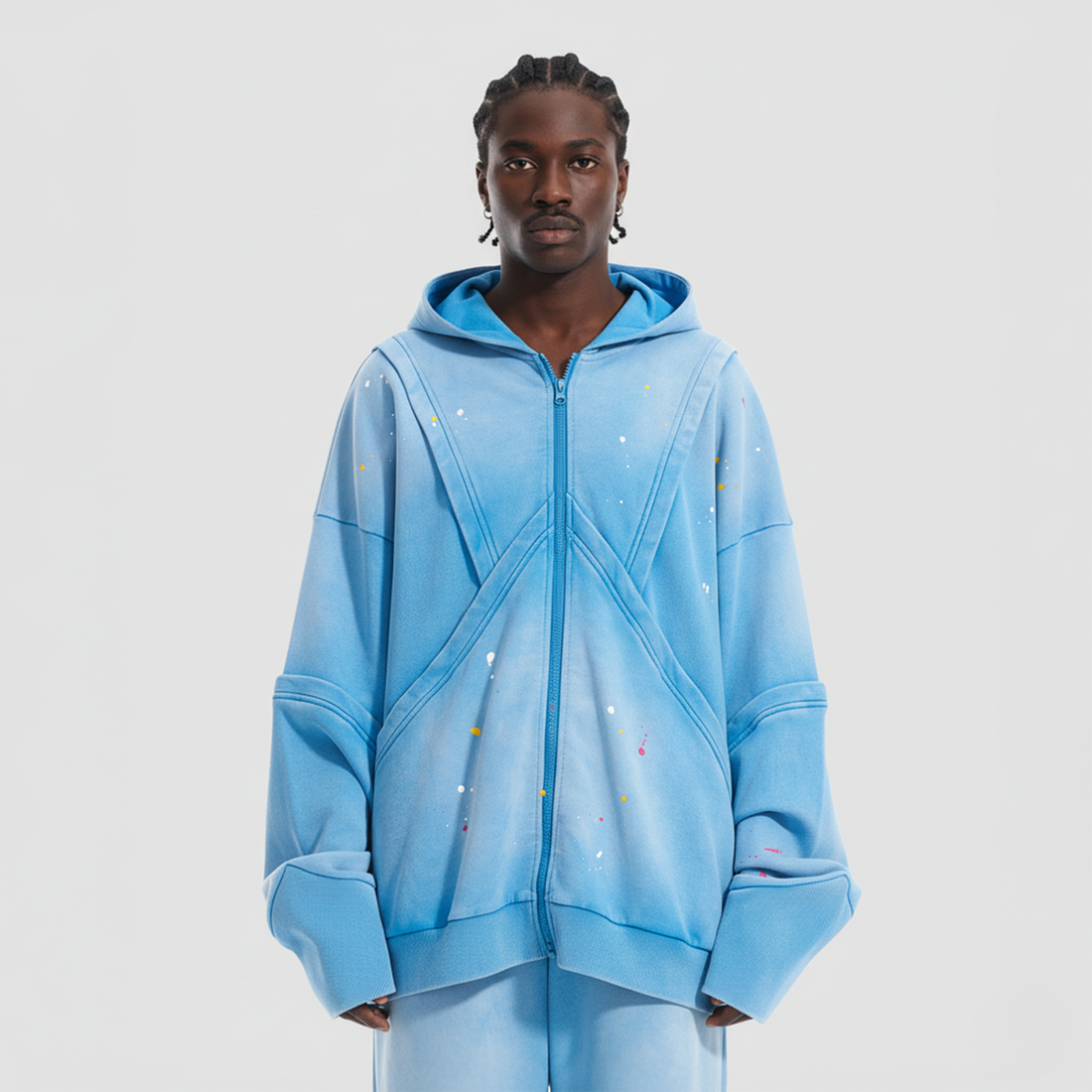 VANN VALRENCE Washed Paint-Splattered Paneled Zip Hoodie-Jacket-S-Blue-Free Shipping Leatheretro