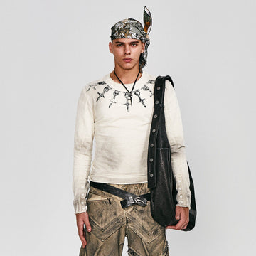 FLYERRER Distressed Cross Chain Graphic Long-Sleeve Tee-L/S Tee-S-Free Shipping Leatheretro