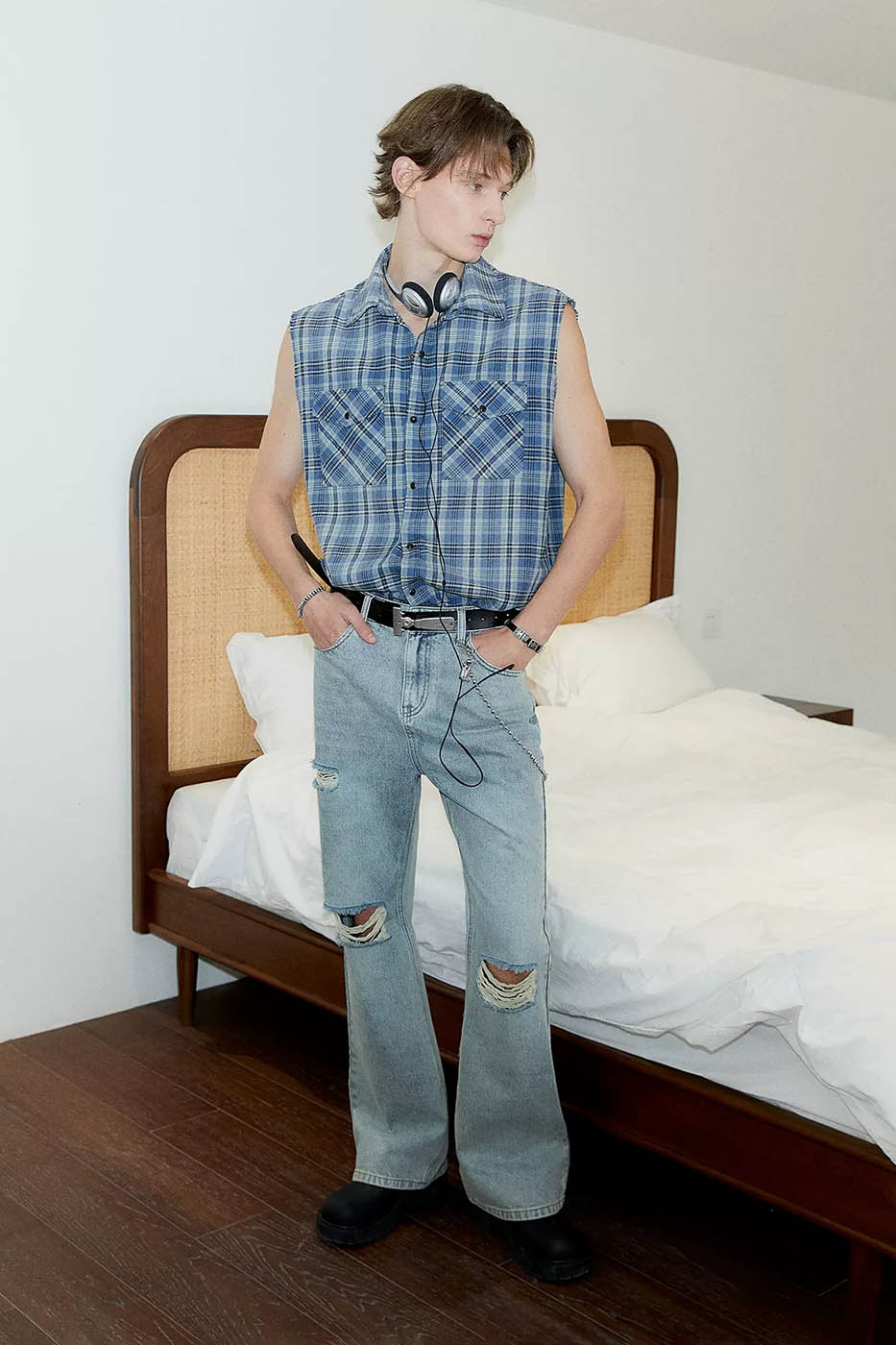 KREATE Distressed Plaid Vest-T Shirt-S-Blue-Free Shipping Leatheretro