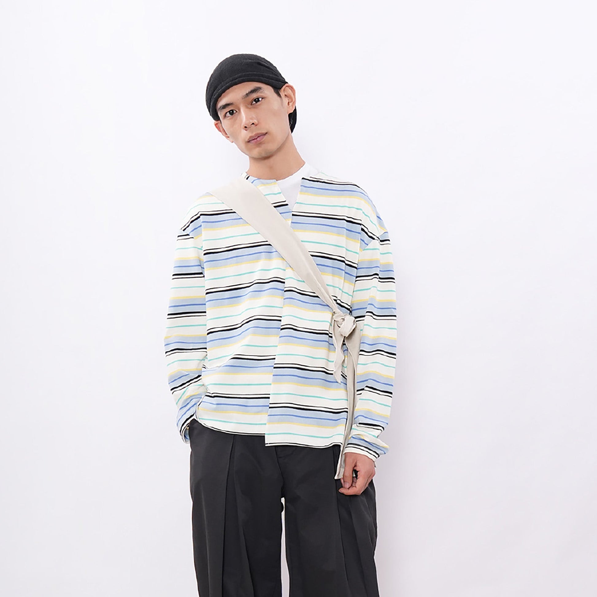 7440 37 1 Asymmetrical Stripe Panel Long Sleeve-L/S Tee-S (Preorder)-Blue and White-Free Shipping Leatheretro
