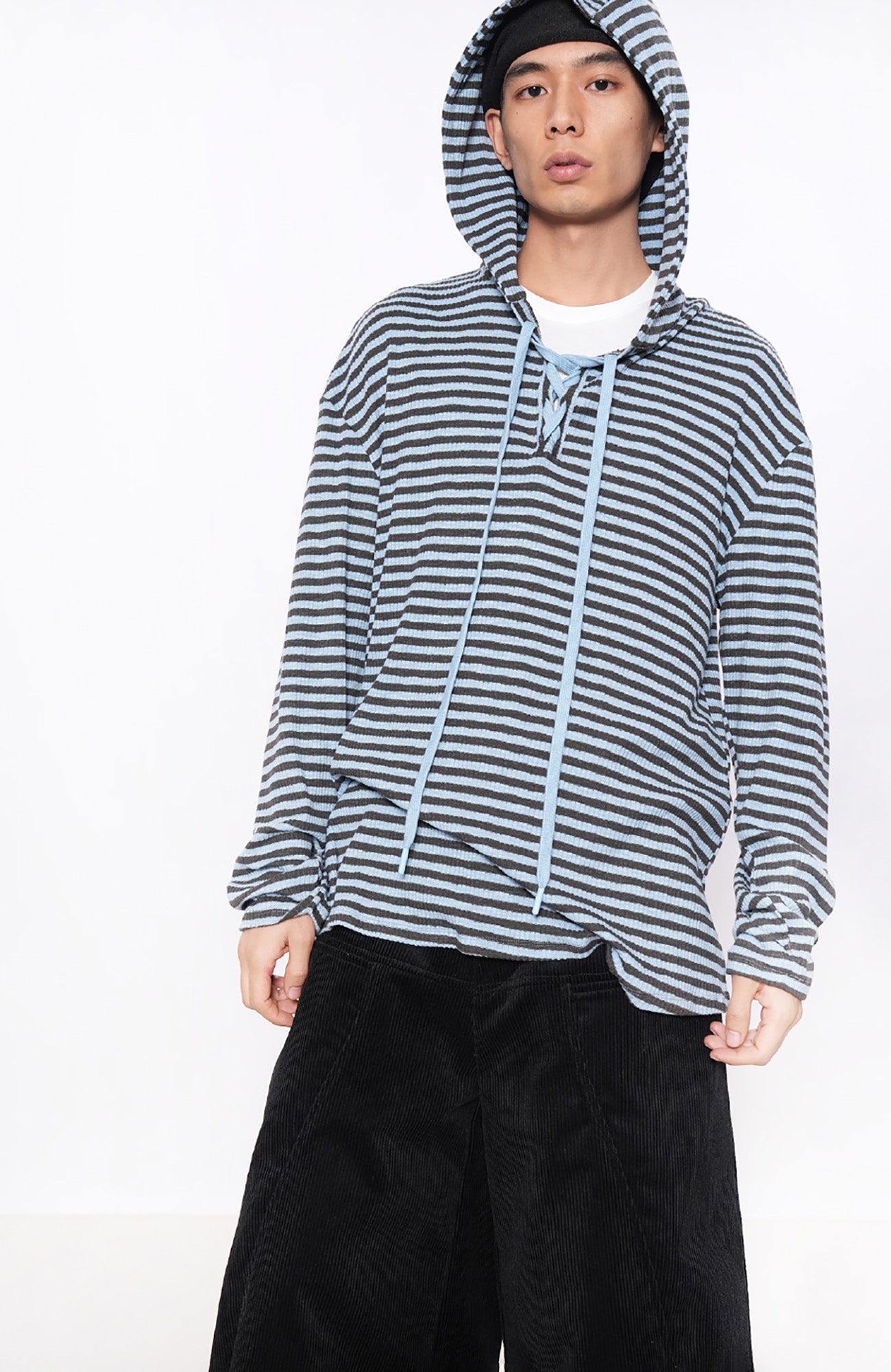 7440 37 1 Striped Lace-Up Hoodie Tee-L/S Tee-S (Preorder)-Free Shipping Leatheretro