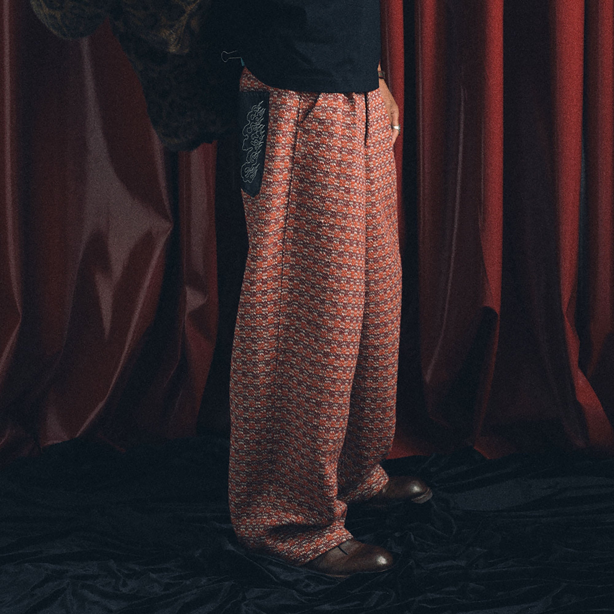 TRECLUB Tweed PU Pocket Straight-Leg Pants-Pants-S-Free Shipping Leatheretro