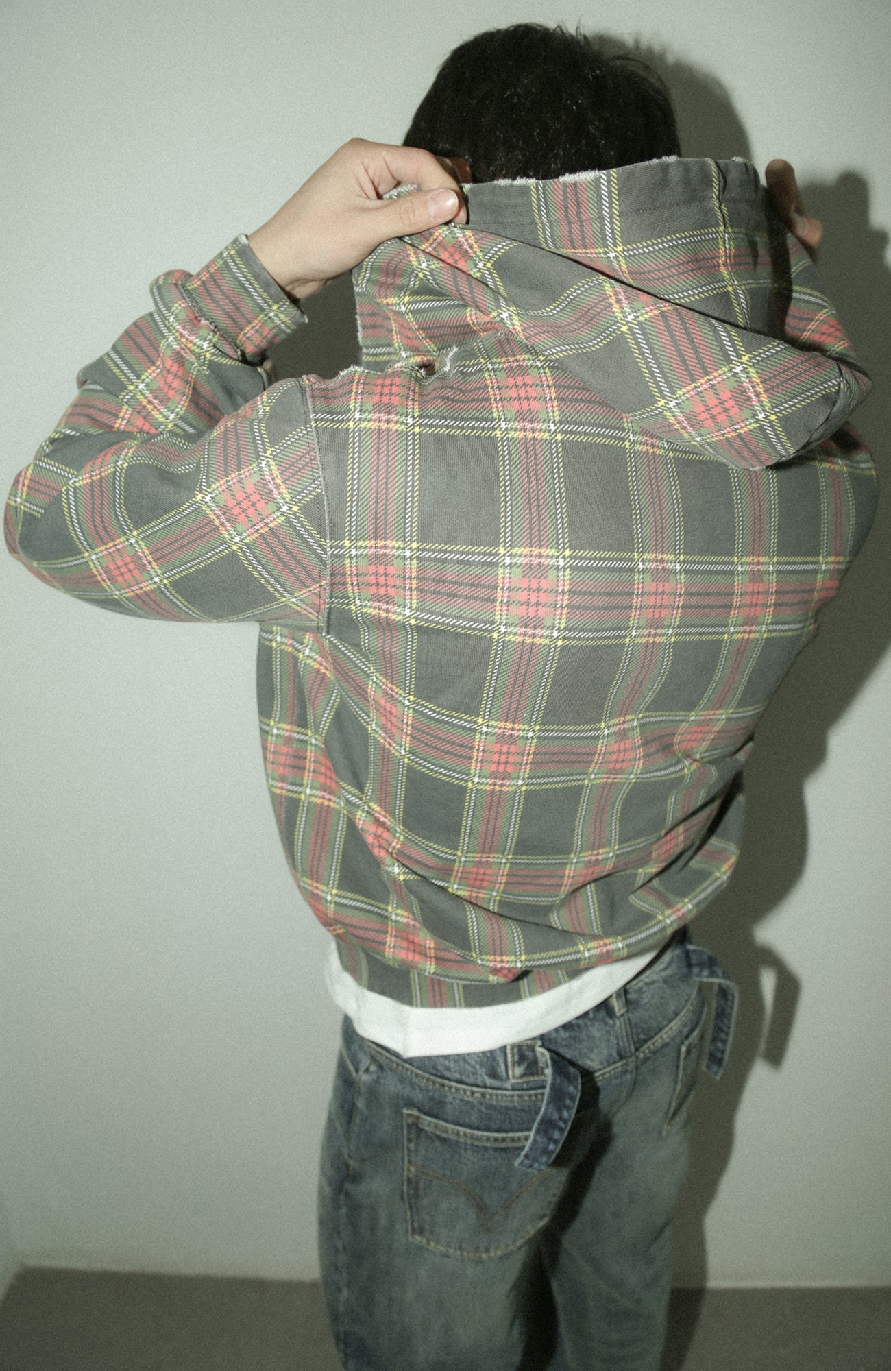 TRECLUB Distressed Plaid Zip-Up Hoodie-Jacket-S-Free Shipping Leatheretro