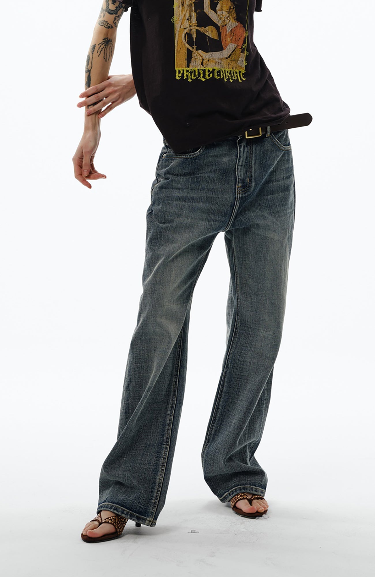 TRECLUB Retro Slub-Wash Straight-Leg Jeans-Jeans-S-Free Shipping Leatheretro